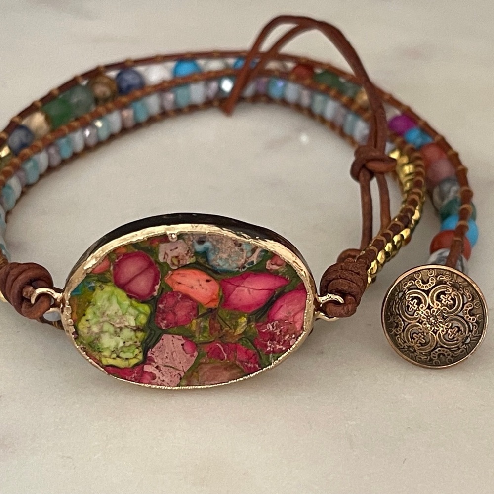 Leather gemstone wrap bracelet.